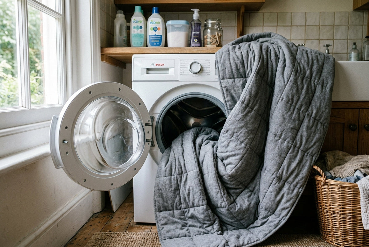 A gray weighted blanket half-loaded into a white front-loading washer, partially folded so you can see the quilted square poc...